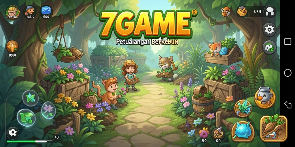 Screenshot gameplay 7GAME menampilkan kebun yang subur dan penuh warna.
