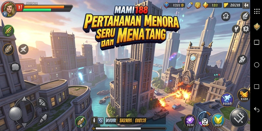 Screenshot gameplay MAMI188 dengan menara mempertahankan basis.