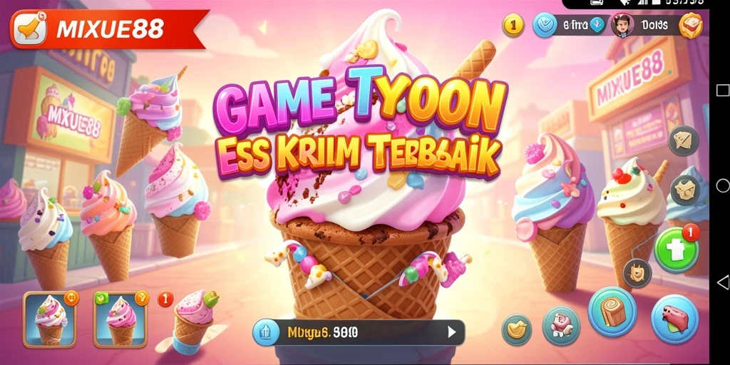 Tampilan gameplay <strong>MIXUE88</strong> yang menarik dengan berbagai es krim berwarna-warni.