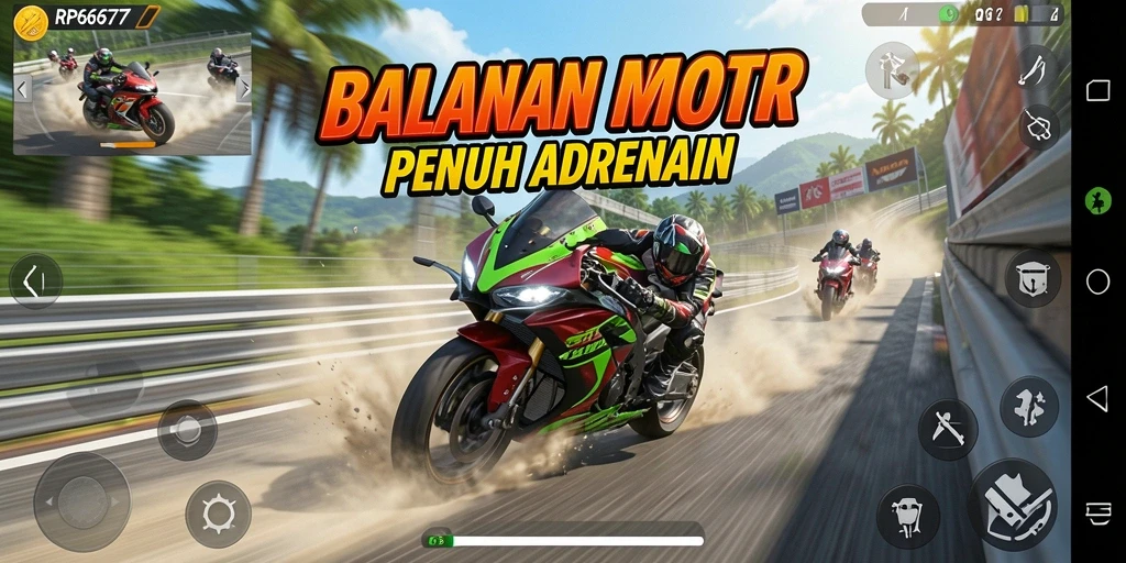 Screenshot RP6677 menampilkan balapan motor yang mendebarkan di trek lapangan.