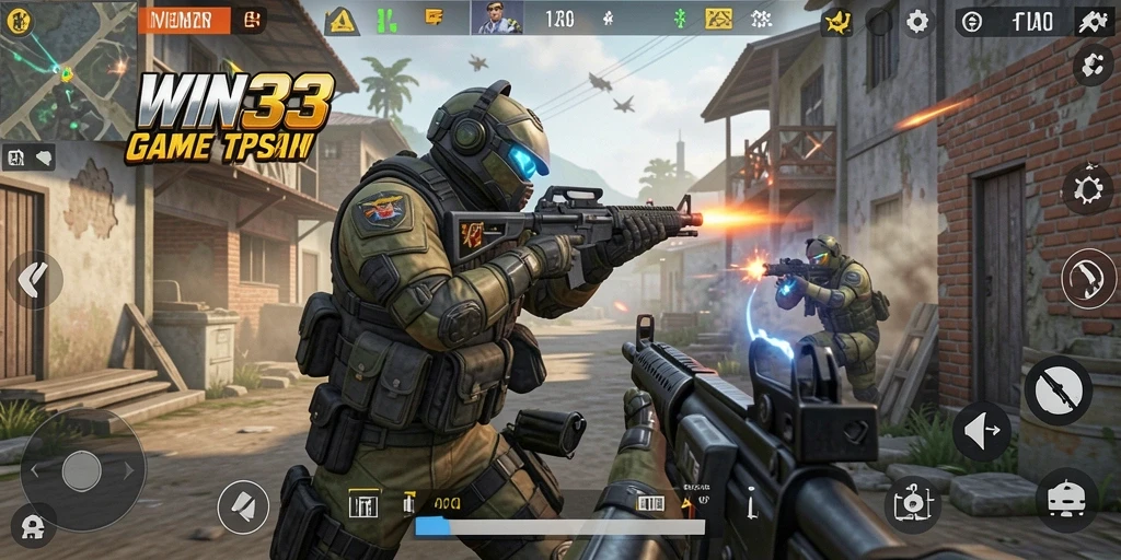 Tangkapan layar WIN33 menampilkan aksi intens dalam gameplay TPS.